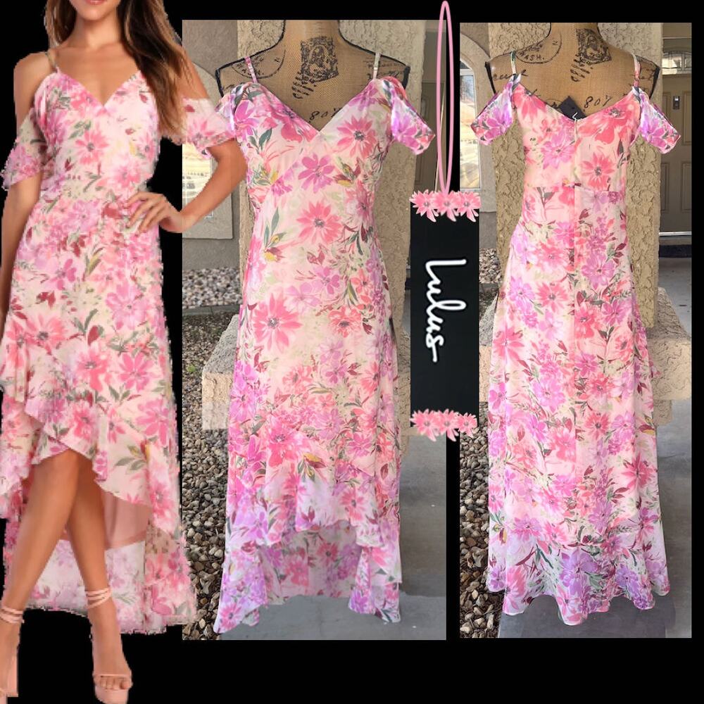Lulus Watch Me Grow Pink Floral Print Cold-Shoulder High-Low Dress Size M